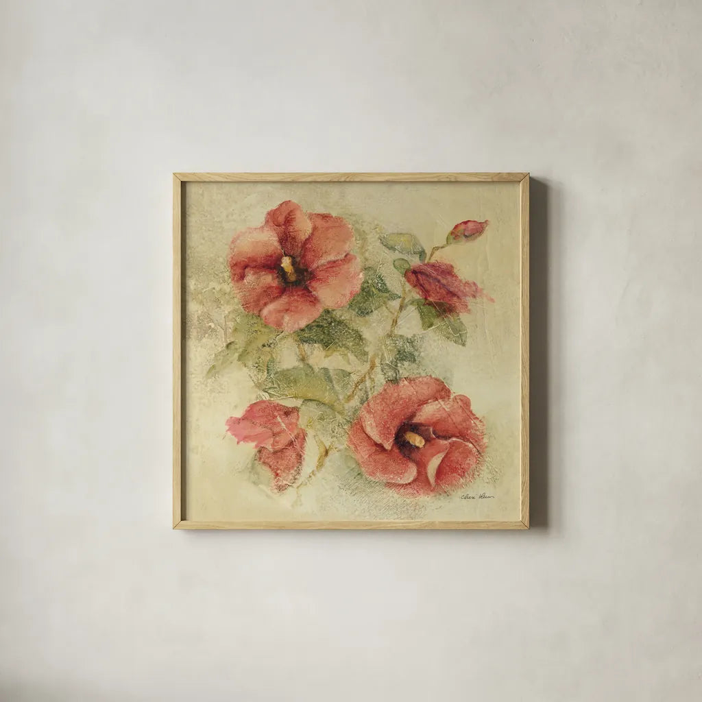 Soft Hibiscus II by Cheri Blum. Shown in a natural wood glass frame for a timeless modern aesthetic. Available as an archival giclee rolled canvas, fine art paper, or poster print. SKU 7541a.