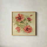 Soft Hibiscus II by Cheri Blum. Shown in a natural wood glass frame for a timeless modern aesthetic. Available as an archival giclee rolled canvas, fine art paper, or poster print. SKU 7541a.