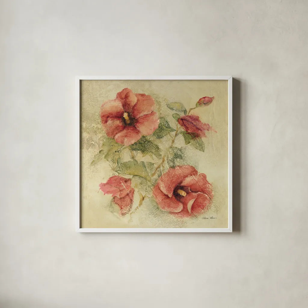 Soft Hibiscus II by Cheri Blum. Shown in a crisp white glass frame for a clean and minimalist style. Available as an archival giclee rolled canvas, fine art paper, or poster print. SKU 7541a.