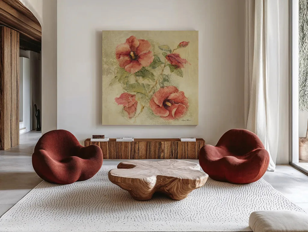 Soft Hibiscus II by Cheri Blum. Shown as extra-large giant wall art in a modern living room. Available as an archival giclee rolled canvas, fine art paper, or poster print. SKU 7541a.
