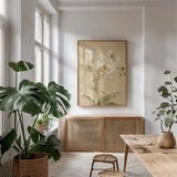 Southern Floral I by Cheri Blum. shown as a print in a natural wood frame in a dining room. Available as a archival giclee rolled canvas, fine art paper, or poster print. SKU 7475h.