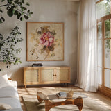 Spring Roses I by Cheri Blum. Shown in a natural wood frame in a cozy modern living room. Available as an archival giclee rolled canvas, fine art paper, or poster print. SKU 7429a.