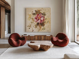 Spring Roses I by Cheri Blum. Shown as extra-large giant wall art in a modern living room. Available as an archival giclee rolled canvas, fine art paper, or poster print. SKU 7429a.