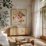 Spring Roses II by Cheri Blum. Shown in a natural wood frame in a cozy modern living room. Available as an archival giclee rolled canvas, fine art paper, or poster print. SKU 7430a.