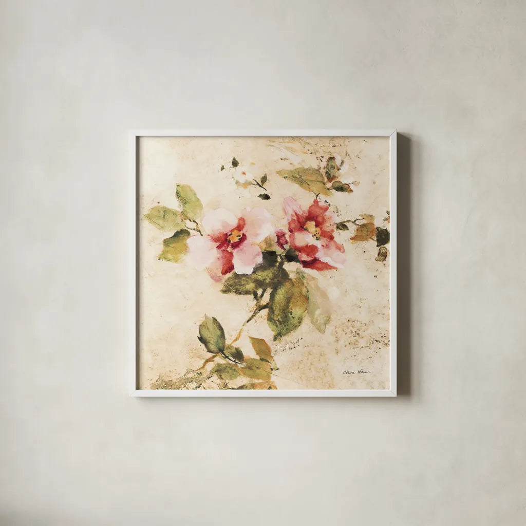 Spring Roses III by Cheri Blum. Shown in a crisp white glass frame for a clean and minimalist style. Available as an archival giclee rolled canvas, fine art paper, or poster print. SKU 7431a.
