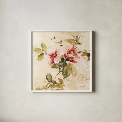 Spring Roses III by Cheri Blum. Shown in a crisp white glass frame for a clean and minimalist style. Available as an archival giclee rolled canvas, fine art paper, or poster print. SKU 7431a.
