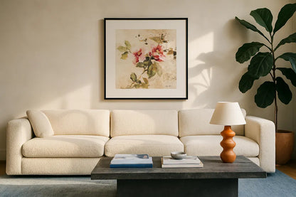 Spring Roses III by Cheri Blum. Displayed in a glass frame with matte in a clean modern living room. Available as an archival giclee rolled canvas, fine art paper, or poster print. SKU 7431a.
