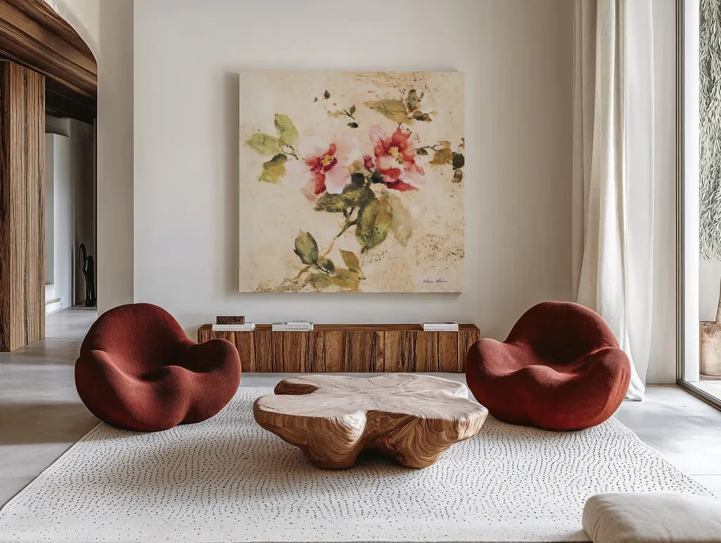 Spring Roses III by Cheri Blum. Shown as extra-large giant wall art in a modern living room. Available as an archival giclee rolled canvas, fine art paper, or poster print. SKU 7431a.