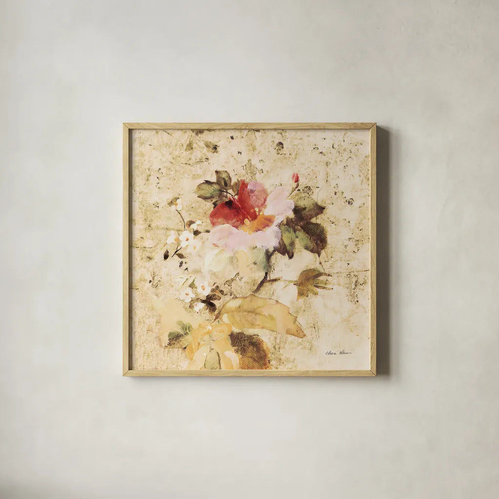 Spring Roses IV by Cheri Blum. Shown in a natural wood glass frame for a timeless modern aesthetic. Available as an archival giclee rolled canvas, fine art paper, or poster print. SKU 7432a.