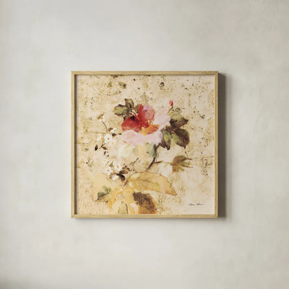 Spring Roses IV by Cheri Blum. Shown in a natural wood glass frame for a timeless modern aesthetic. Available as an archival giclee rolled canvas, fine art paper, or poster print. SKU 7432a.