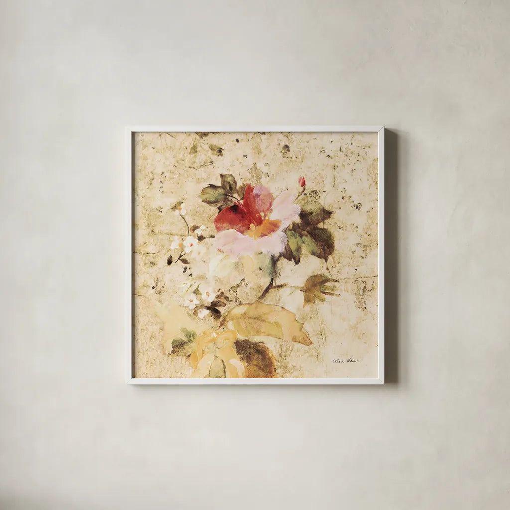 Spring Roses IV by Cheri Blum. Shown in a crisp white glass frame for a clean and minimalist style. Available as an archival giclee rolled canvas, fine art paper, or poster print. SKU 7432a.