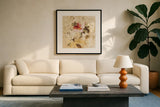 Spring Roses IV by Cheri Blum. Displayed in a glass frame with matte in a clean modern living room. Available as an archival giclee rolled canvas, fine art paper, or poster print. SKU 7432a.
