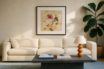 Spring Roses IV by Cheri Blum. Displayed in a glass frame with matte in a clean modern living room. Available as an archival giclee rolled canvas, fine art paper, or poster print. SKU 7432a.