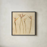 Stems of Bird of Paradise by Cheri Blum. Shown in a sleek black glass frame for a contemporary gallery look. Available as an archival giclee rolled canvas, fine art paper, or poster print. SKU 7297a.