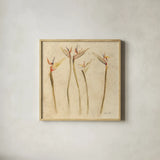 Stems of Bird of Paradise by Cheri Blum. Shown in a natural wood glass frame for a timeless modern aesthetic. Available as an archival giclee rolled canvas, fine art paper, or poster print. SKU 7297a.