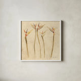 Stems of Bird of Paradise by Cheri Blum. Shown in a crisp white glass frame for a clean and minimalist style. Available as an archival giclee rolled canvas, fine art paper, or poster print. SKU 7297a.
