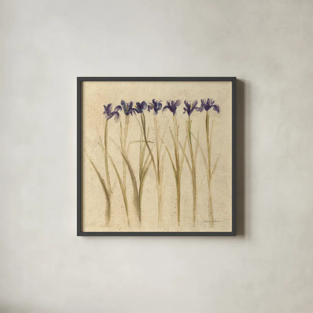 Stems of Iris by Cheri Blum. Shown in a sleek black glass frame for a contemporary gallery look. Available as an archival giclee rolled canvas, fine art paper, or poster print. SKU 7296a.