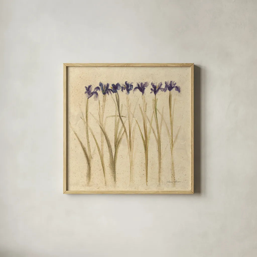 Stems of Iris by Cheri Blum. Shown in a natural wood glass frame for a timeless modern aesthetic. Available as an archival giclee rolled canvas, fine art paper, or poster print. SKU 7296a.