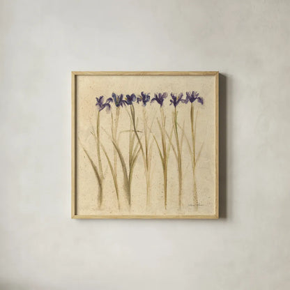 Stems of Iris by Cheri Blum. Shown in a natural wood glass frame for a timeless modern aesthetic. Available as an archival giclee rolled canvas, fine art paper, or poster print. SKU 7296a.