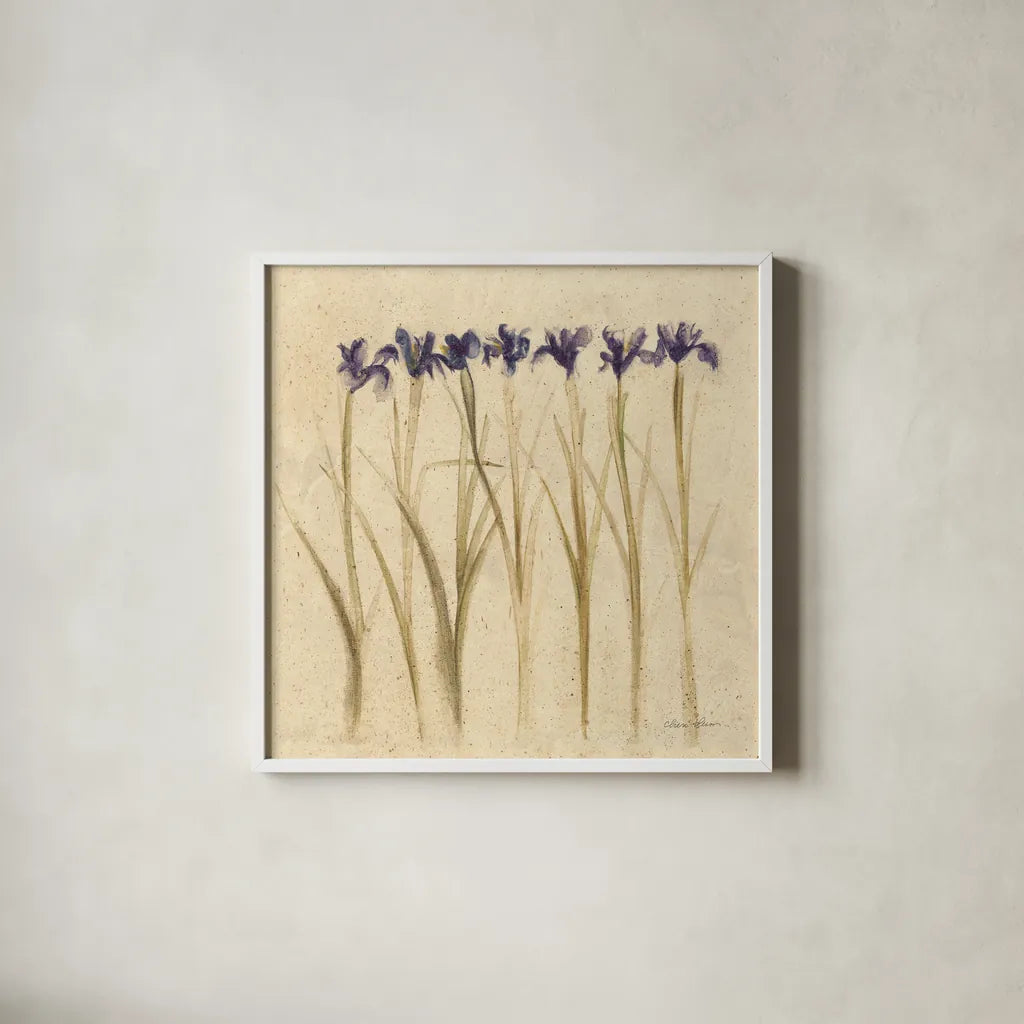 Stems of Iris by Cheri Blum. Shown in a crisp white glass frame for a clean and minimalist style. Available as an archival giclee rolled canvas, fine art paper, or poster print. SKU 7296a.