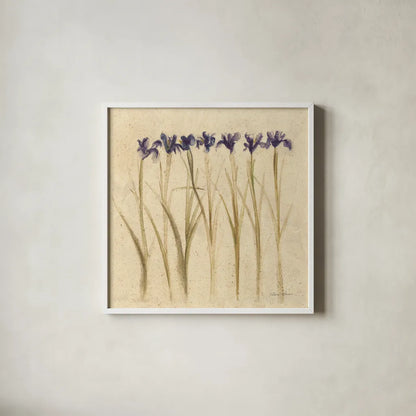 Stems of Iris by Cheri Blum. Shown in a crisp white glass frame for a clean and minimalist style. Available as an archival giclee rolled canvas, fine art paper, or poster print. SKU 7296a.