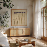Stems of Iris by Cheri Blum. Shown in a natural wood frame in a cozy modern living room. Available as an archival giclee rolled canvas, fine art paper, or poster print. SKU 7296a.