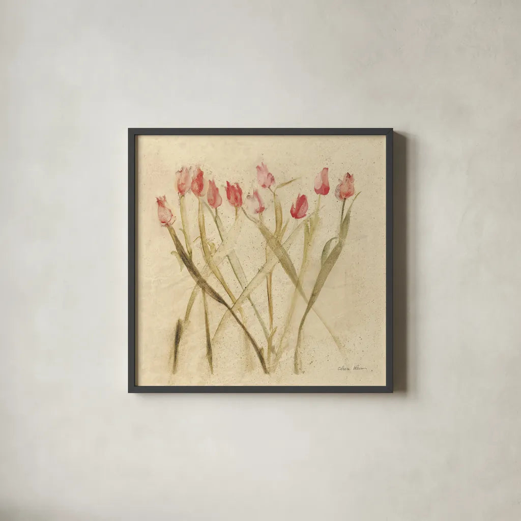 Stems of Red Tulips by Cheri Blum. Shown in a sleek black glass frame for a contemporary gallery look. Available as an archival giclee rolled canvas, fine art paper, or poster print. SKU 7295a.