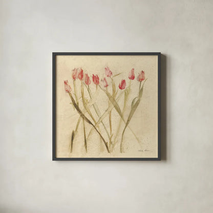 Stems of Red Tulips by Cheri Blum. Shown in a sleek black glass frame for a contemporary gallery look. Available as an archival giclee rolled canvas, fine art paper, or poster print. SKU 7295a.