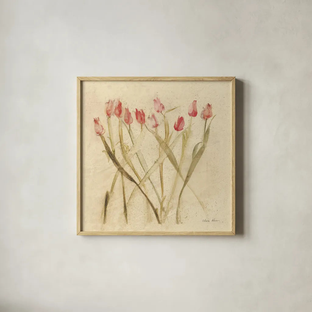 Stems of Red Tulips by Cheri Blum. Shown in a natural wood glass frame for a timeless modern aesthetic. Available as an archival giclee rolled canvas, fine art paper, or poster print. SKU 7295a.