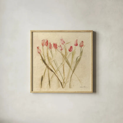 Stems of Red Tulips by Cheri Blum. Shown in a natural wood glass frame for a timeless modern aesthetic. Available as an archival giclee rolled canvas, fine art paper, or poster print. SKU 7295a.