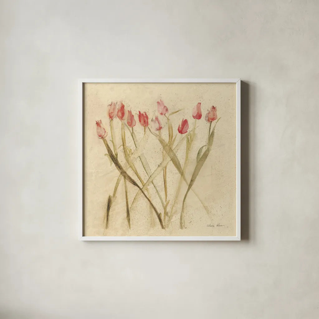 Stems of Red Tulips by Cheri Blum. Shown in a crisp white glass frame for a clean and minimalist style. Available as an archival giclee rolled canvas, fine art paper, or poster print. SKU 7295a.