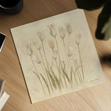 Stems of White Tulips by Cheri Blum. Shown as a detailed flat fine art print, highlighting archival giclee quality. Available as an archival giclee rolled canvas, fine art paper, or poster print. SKU 7298a.