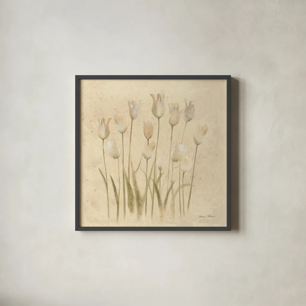 Stems of White Tulips by Cheri Blum. Shown in a sleek black glass frame for a contemporary gallery look. Available as an archival giclee rolled canvas, fine art paper, or poster print. SKU 7298a.