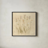 Stems of White Tulips by Cheri Blum. Shown in a sleek black glass frame for a contemporary gallery look. Available as an archival giclee rolled canvas, fine art paper, or poster print. SKU 7298a.