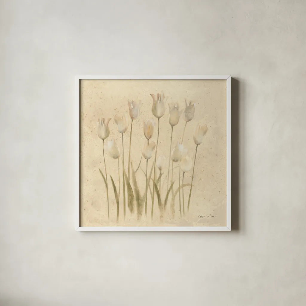 Stems of White Tulips by Cheri Blum. Shown in a crisp white glass frame for a clean and minimalist style. Available as an archival giclee rolled canvas, fine art paper, or poster print. SKU 7298a.