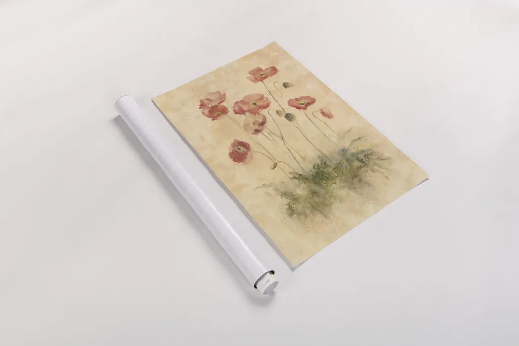 Sunshine Poppies by Cheri Blum. shown as a rolled paper print. Available as archival giclee rolled canvas, fine art paper, or poster print. SKU 7046h.