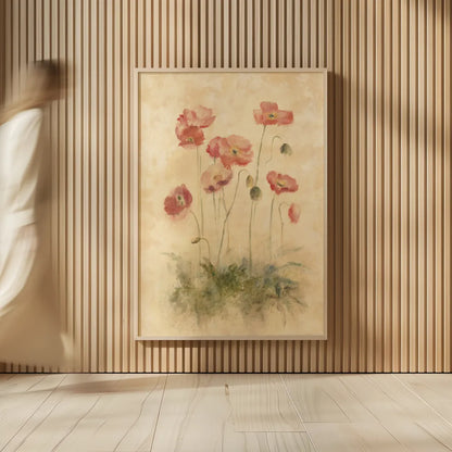 Sunshine Poppies by Cheri Blum. shown as over sized large wall art. Available as an archival giclee rolled canvas, fine art paper, or poster print. SKU 7046h.