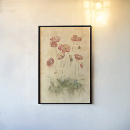 Sunshine Poppies by Cheri Blum. shown as a paper print in a black flame. Available as a archival giclee rolled canvas, fine art paper, or poster print. SKU 7046h.