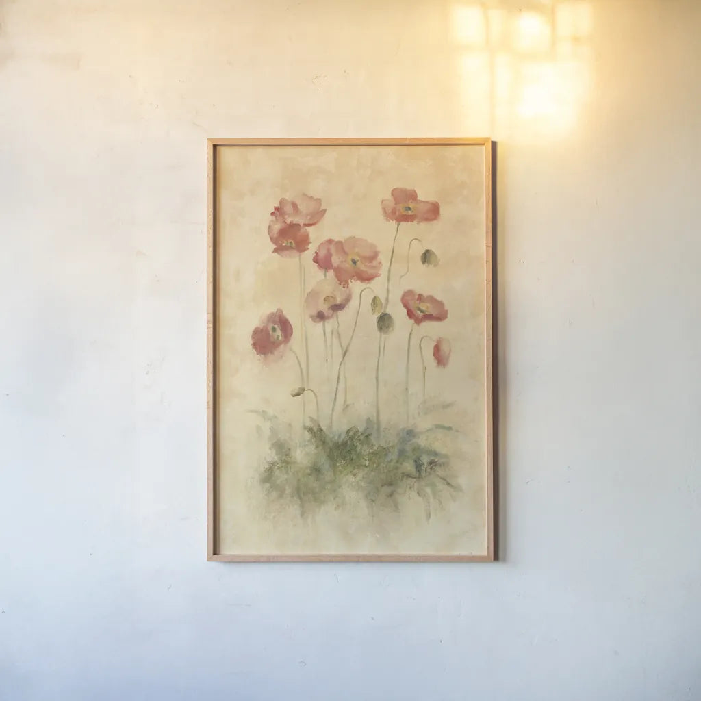 Sunshine Poppies by Cheri Blum. shown as a paper print in a natural frame. Available as a archival giclee rolled canvas, fine art paper, or poster print. SKU 7046h.