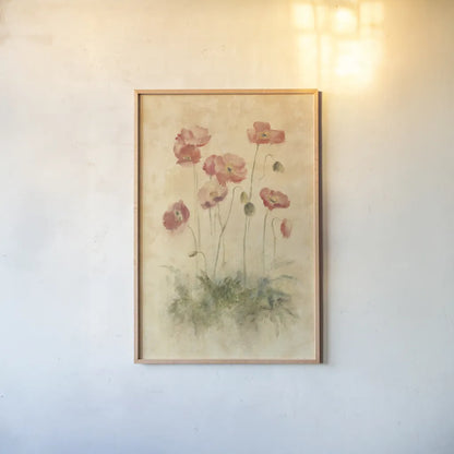 Sunshine Poppies by Cheri Blum. shown as a paper print in a natural frame. Available as a archival giclee rolled canvas, fine art paper, or poster print. SKU 7046h.