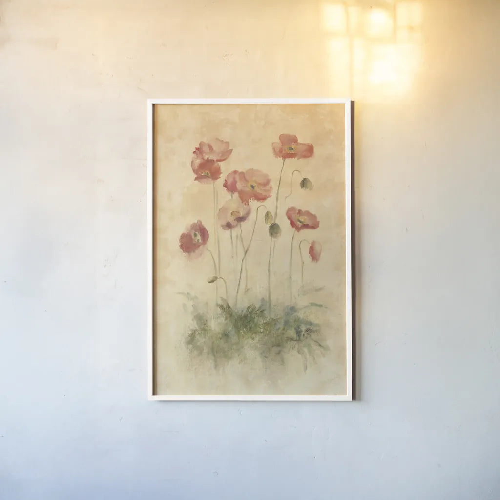 Sunshine Poppies by Cheri Blum. shown as a paper print in a white frame. Available as a archival giclee rolled canvas, fine art paper, or poster print. SKU 7046h.