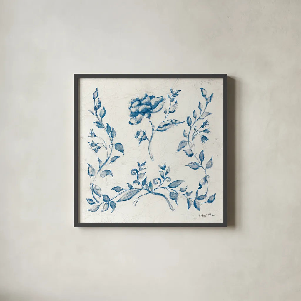 Swedish Tile I Blue by Cheri Blum. Shown in a sleek black glass frame for a contemporary gallery look. Available as an archival giclee rolled canvas, fine art paper, or poster print. SKU 90545a.