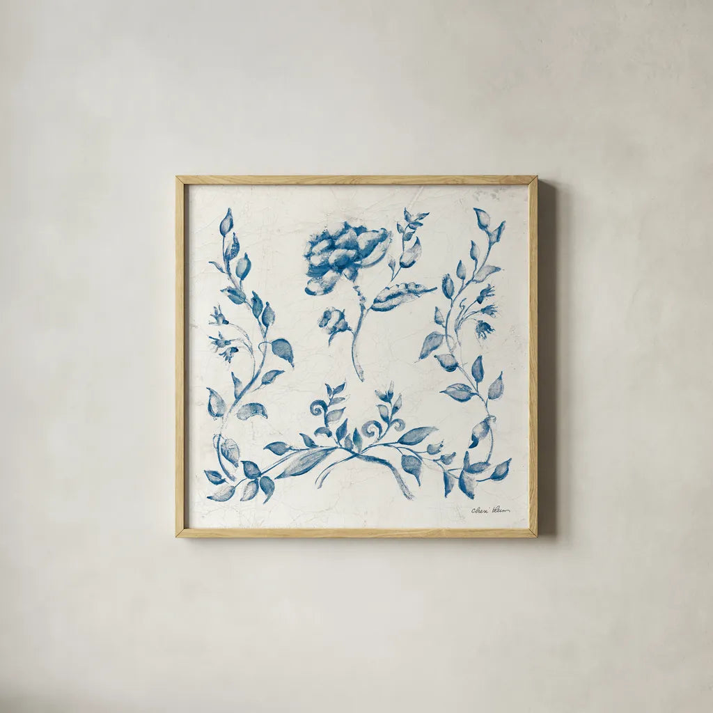 Swedish Tile I Blue by Cheri Blum. Shown in a natural wood glass frame for a timeless modern aesthetic. Available as an archival giclee rolled canvas, fine art paper, or poster print. SKU 90545a.