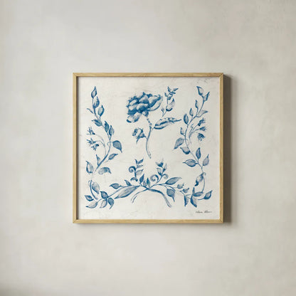 Swedish Tile I Blue by Cheri Blum. Shown in a natural wood glass frame for a timeless modern aesthetic. Available as an archival giclee rolled canvas, fine art paper, or poster print. SKU 90545a.