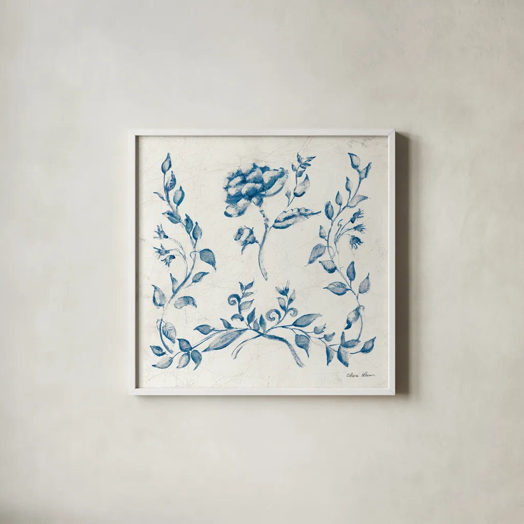 Swedish Tile I Blue by Cheri Blum. Shown in a crisp white glass frame for a clean and minimalist style. Available as an archival giclee rolled canvas, fine art paper, or poster print. SKU 90545a.