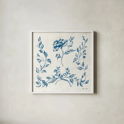 Swedish Tile I Blue by Cheri Blum. Shown in a crisp white glass frame for a clean and minimalist style. Available as an archival giclee rolled canvas, fine art paper, or poster print. SKU 90545a.