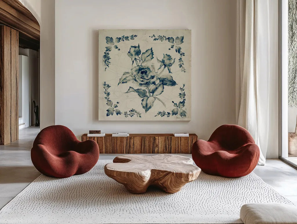 Swedish Tile II by Cheri Blum. Shown as extra-large giant wall art in a modern living room. Available as an archival giclee rolled canvas, fine art paper, or poster print. SKU 26608a.