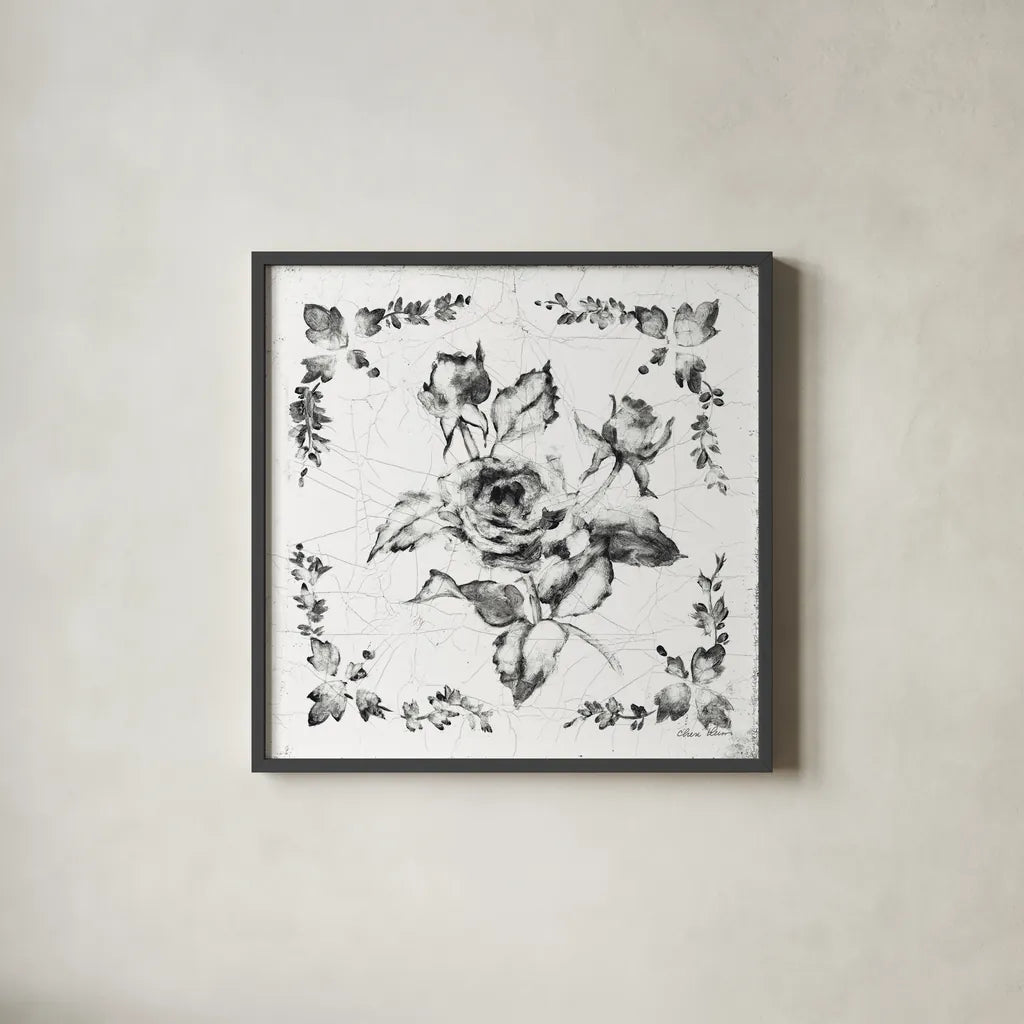 Swedish Tile II BW by Cheri Blum. Shown in a sleek black glass frame for a contemporary gallery look. Available as an archival giclee rolled canvas, fine art paper, or poster print. SKU 90542a.