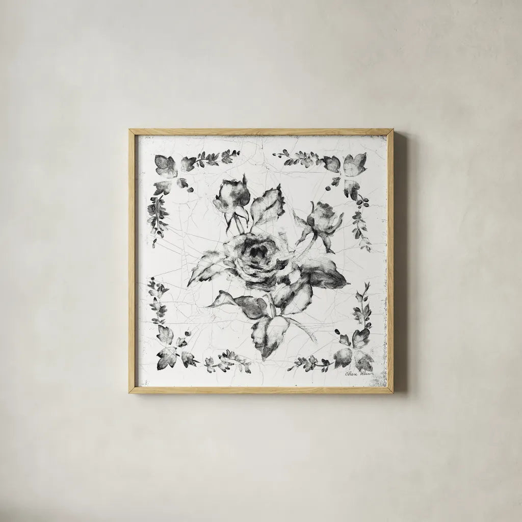 Swedish Tile II BW by Cheri Blum. Shown in a natural wood glass frame for a timeless modern aesthetic. Available as an archival giclee rolled canvas, fine art paper, or poster print. SKU 90542a.