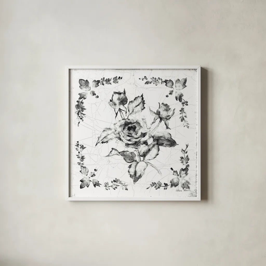 Swedish Tile II BW by Cheri Blum. Shown in a crisp white glass frame for a clean and minimalist style. Available as an archival giclee rolled canvas, fine art paper, or poster print. SKU 90542a.